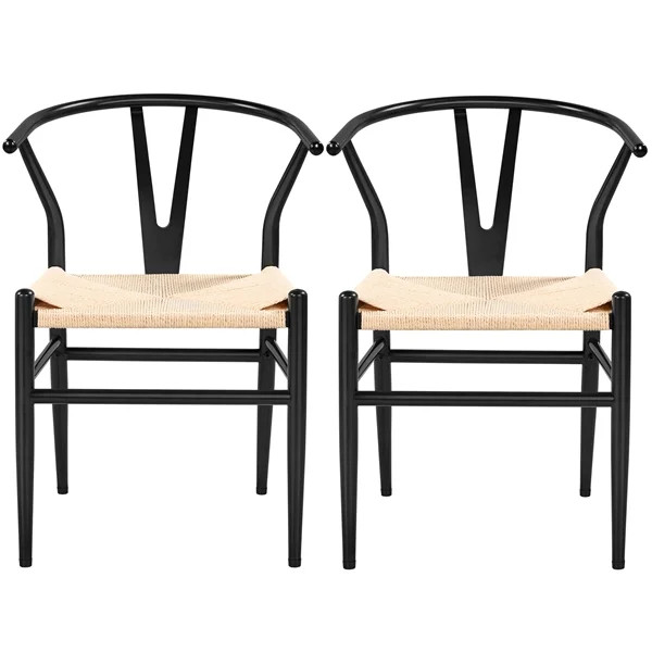 SmileMart Mid-Century Metal Dining Chairs with Woven Hemp Seat, Set of 2, Black | Walmart (US)