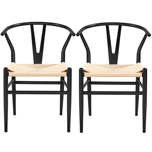 SmileMart Mid-Century Metal Dining Chairs with Woven Hemp Seat, Set of 2, Black | Walmart (US)
