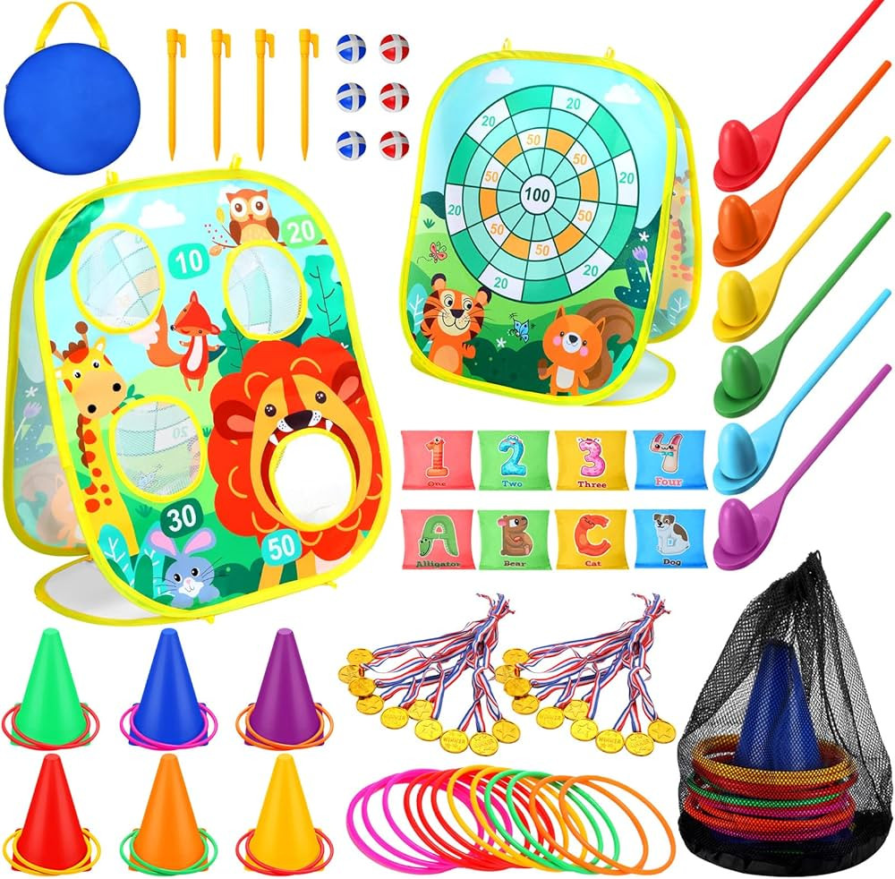 63 Pcs Carnival Outdoor Games Set for Kids Includes Animal Bean Bag Toss Game Plastic Cones Bean ... | Amazon (US)