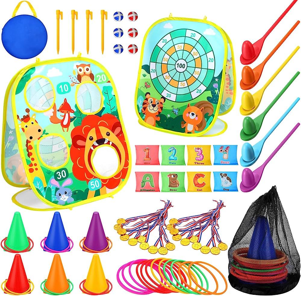 63 Pcs Carnival Outdoor Games Set for Kids Includes Animal Bean Bag Toss Game Plastic Cones Bean ... | Amazon (US)