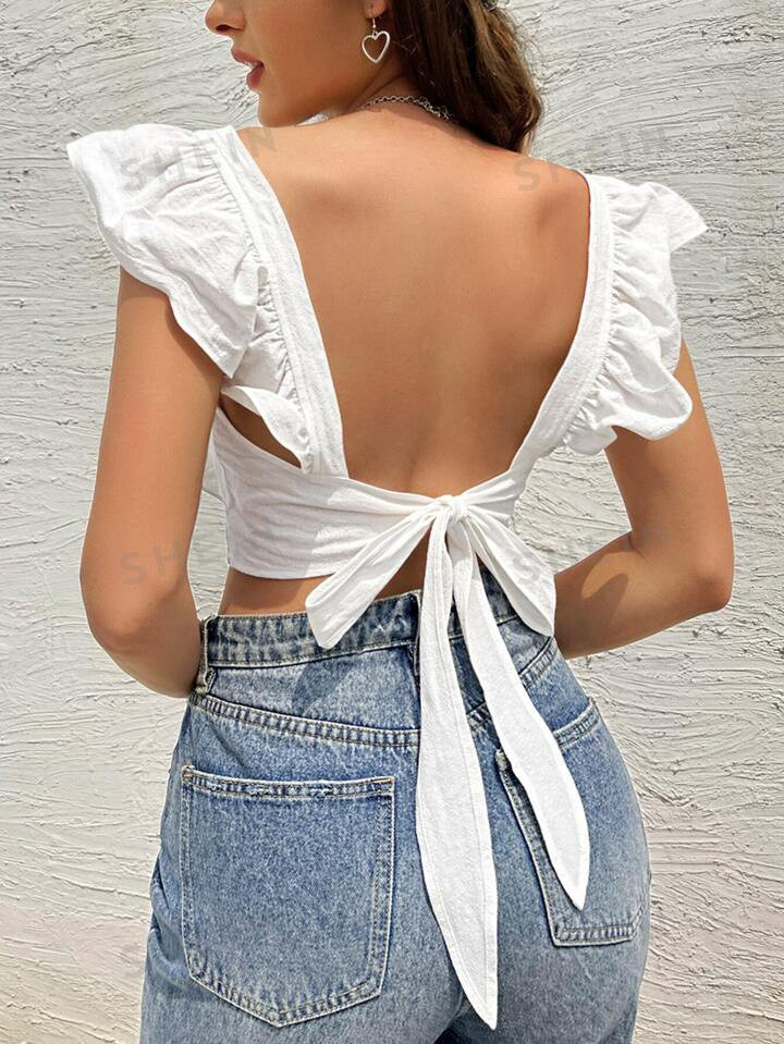 SHEIN WYWH Backless Knot Ruffle Trim Square Neck Blouse | SHEIN