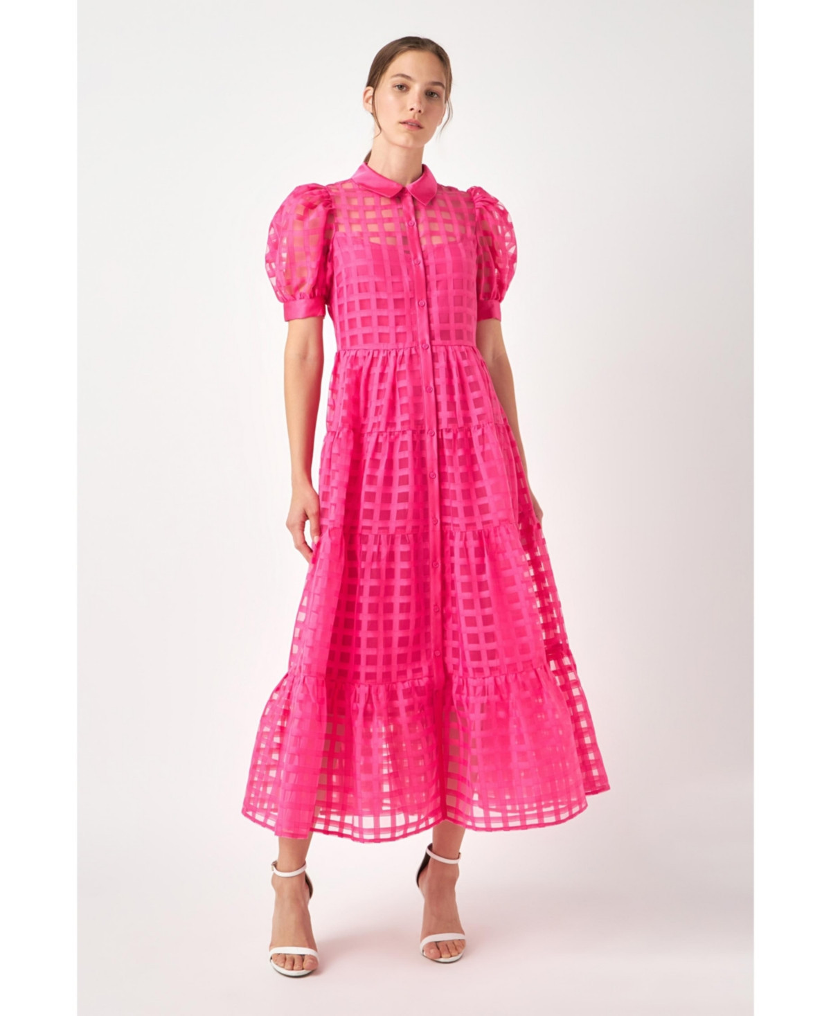 English Factory Women's Gridded Organza Tiered Maxi Dress - Fuchsia | Macy's