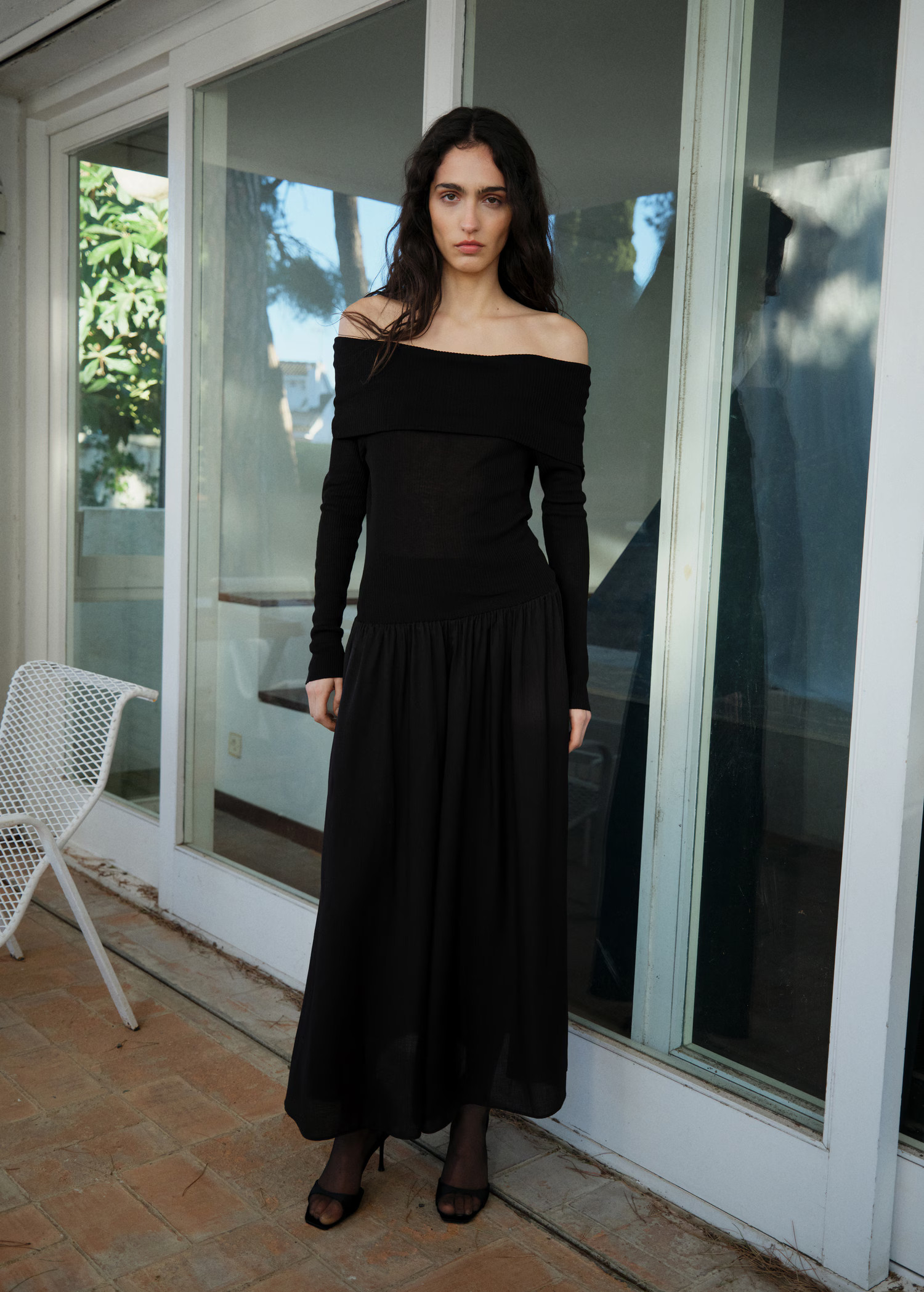 Off-the-shoulder dress in combined fabric - Women | MANGO United Kingdom | MANGO (UK)