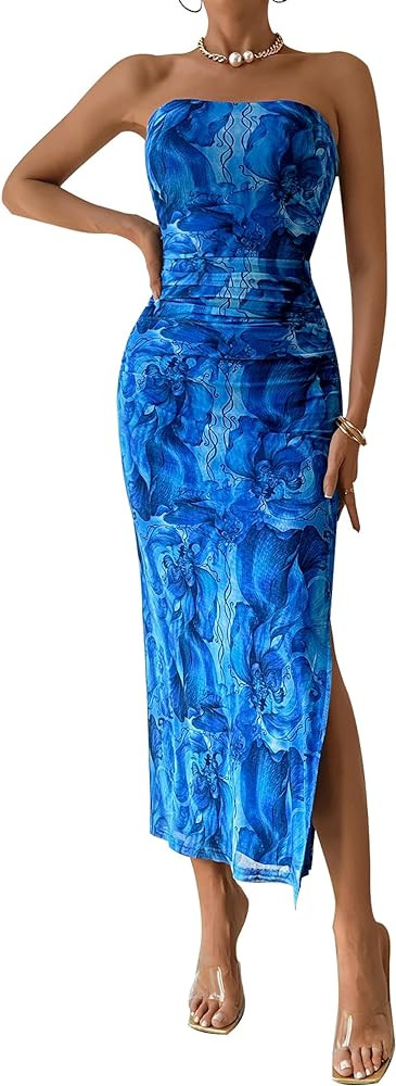 PRETTYGARDEN Womens Summer Strapless Maxi Bodycon Dresses With Club Slit | Amazon (US)