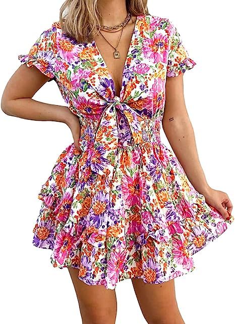PRETTYGARDEN Women's Summer Swing Mini Dress Tie Front V Neck Short Sleeve Ruffle Layer A-Line Sh... | Amazon (US)