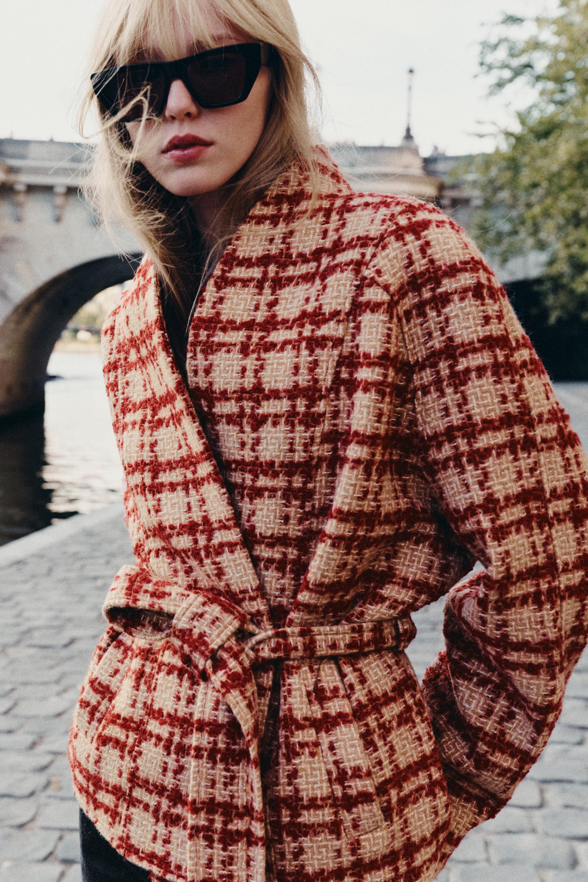 Zara - Zw Collection Belted Wool Jacket - Red / White - Xs - Woman | Zara US