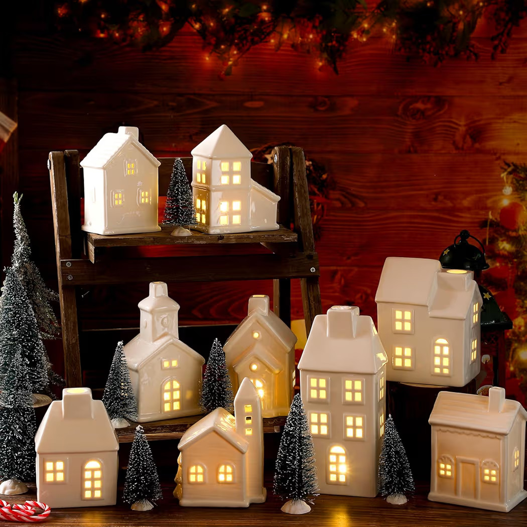 Leitee 22 Pcs Ceramic Christmas Village Set with Light Include 9 Lighted Village Houses 13 Christ... | Amazon (US)