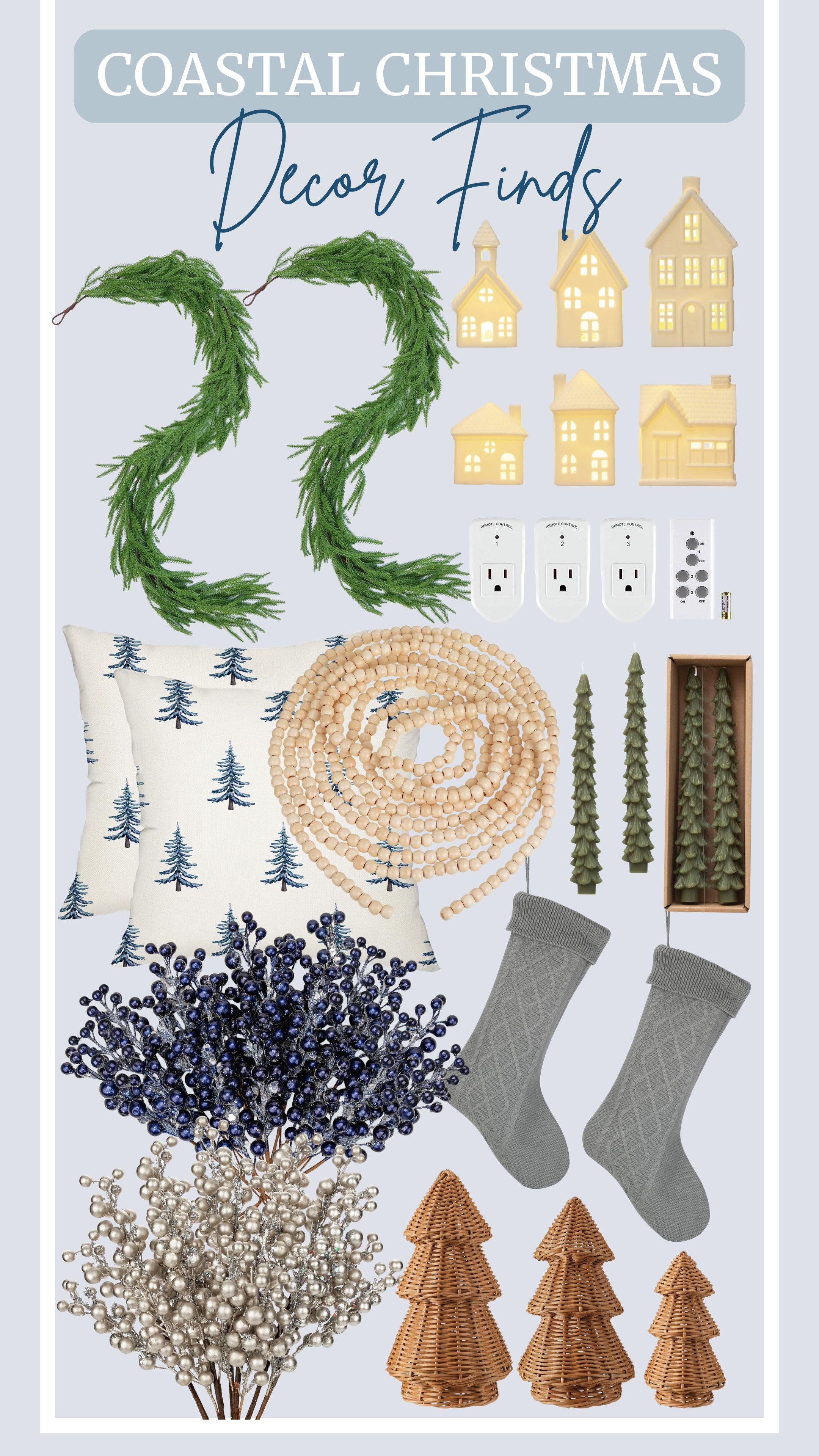 Light, cozy, and festive — the perfect coastal combo. Find your favorites and decorate away!
woven Christmas cone, Christmas garland, artificial Christmas berry picks, stoneware bisque houses, wireless remote control, cable knit Christmas stocking, Christmas wood bead garland, unscented tree-shaped taper candles, Christmas pillow covers 

 #LTKHoliday #LTKHome #LTKFindsUnder100