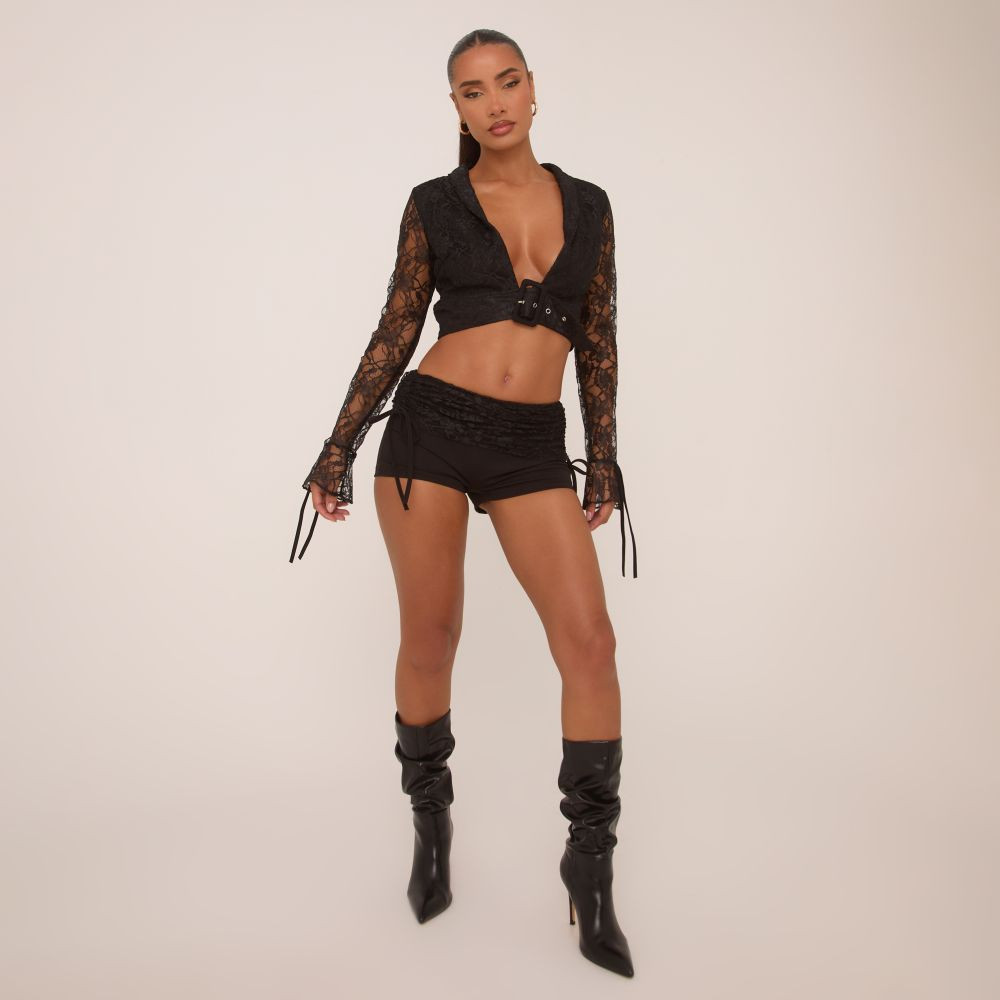 Low Rise Ruched Detail Hot Pants In Black Lace | EGO (UK)