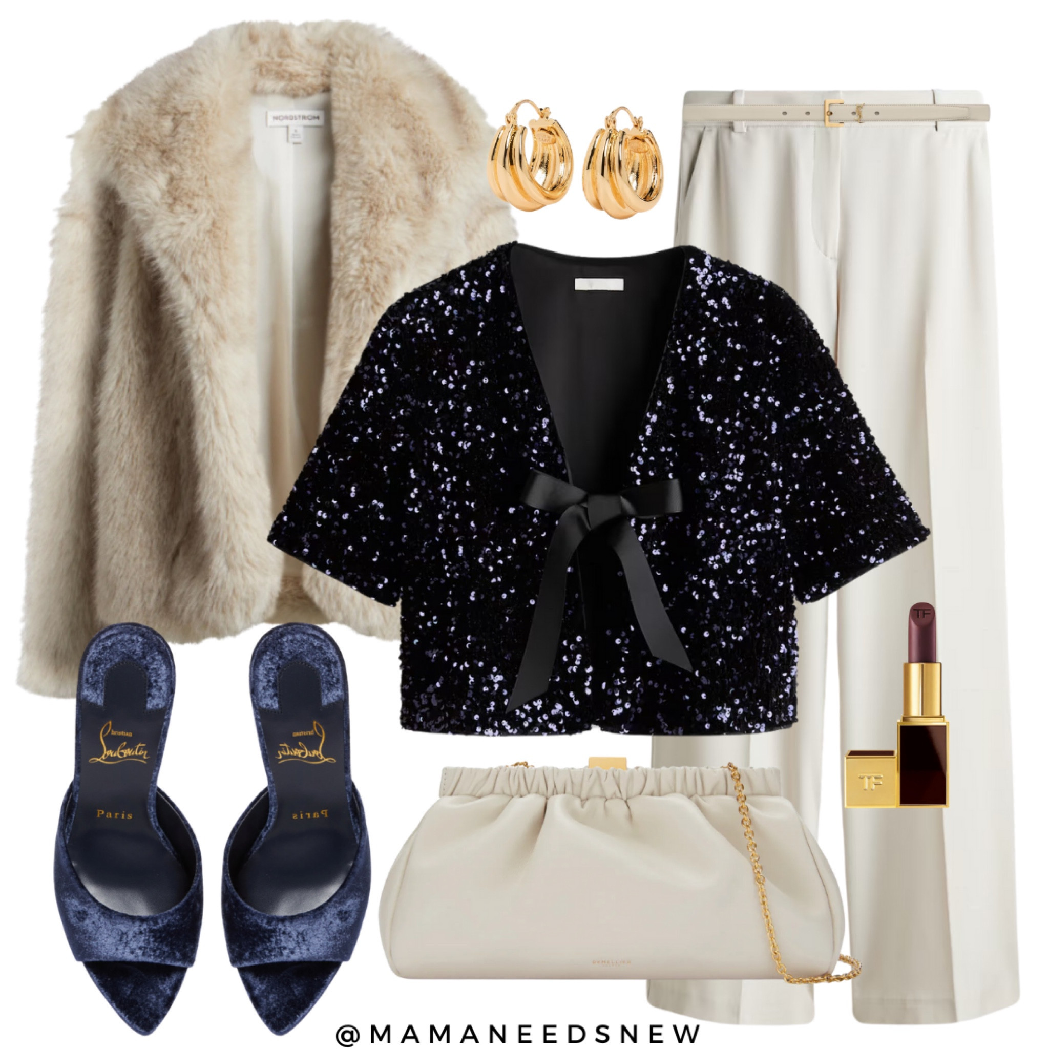 A holiday outfit with faux fur coat, sequin top with bow tie, wide leg dress pants and heels 💙

#LTKSaleAlert #LTKHoliday #LTKParties