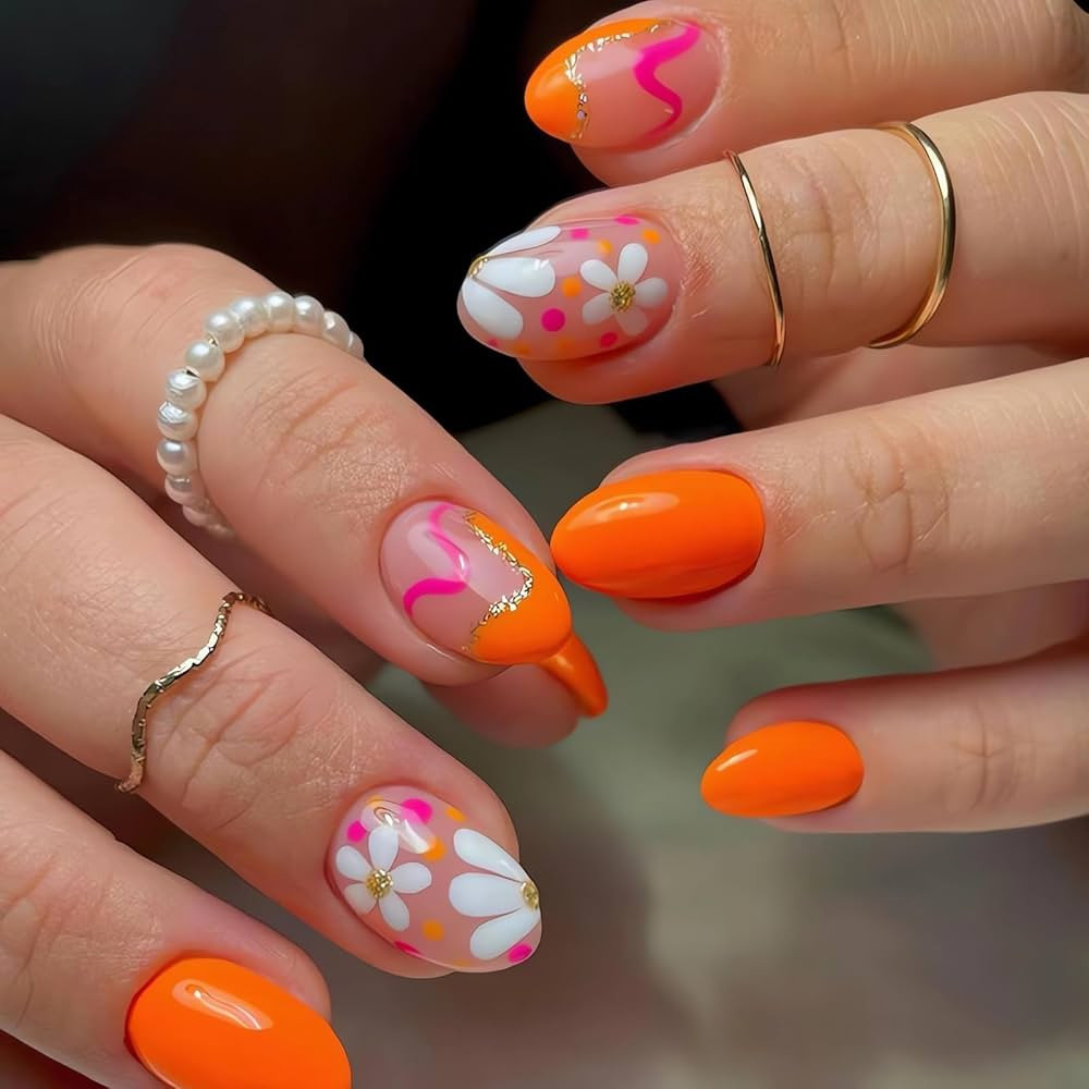 Flower Press on Nails Short Fake Nails, 24Pcs Oval Nails Cute Design Glue on Nails Glossy Orange ... | Amazon (US)