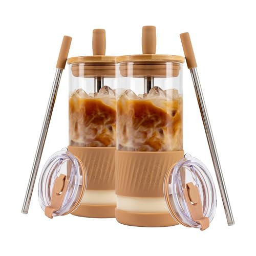 Pandaloo® Glass Cups With Lids and Straws -20 Fl Oz- Perfect Size Iced Coffee Cup - Smoothie Cup With Bamboo Lid and On the go Lid - Glass Tumbler With Straw (2 Count (Pack of 1), Amber Sand) | Amazon (US)