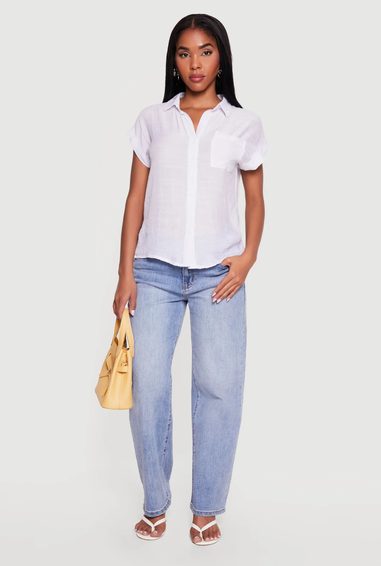 Solid Gauze Knit Short Sleeve Button Front Shirt | Rainbow Shops