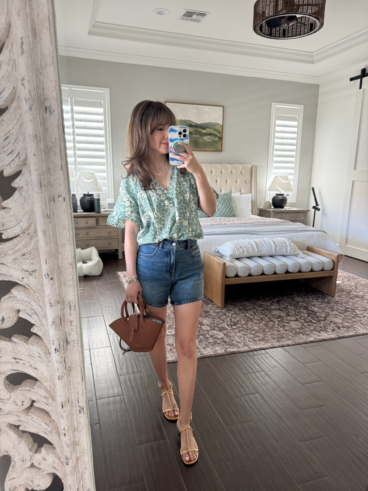 A cute casual outfit for spring! Loving the pattern on this top! 

Spring fashion. Mom fashion. Spring outfit. Petite fashion. Denim shorts. Accessories. Jewelry. Handbag. 

#LTKStyleTip #LTKSeasonal #LTKItBag