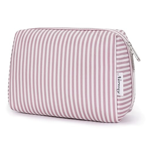 Narwey Striped Makeup Bag Travel Cosmetic Bag Organizer Toiletry Bag Make Up Bags with Compartments for Women Girls (Large, Dusty Rose Stripe) | Amazon (US)