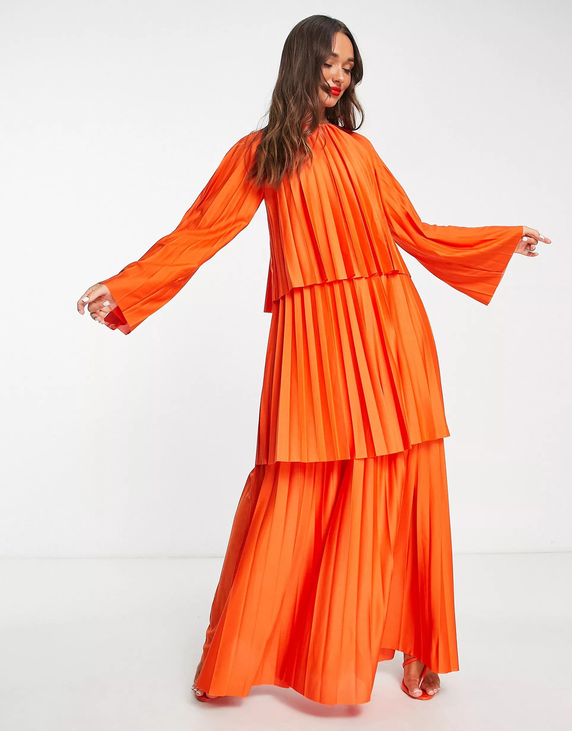 ASOS DESIGN tiered pleated maxi dress in orange - MULTI | ASOS | ASOS (Global)