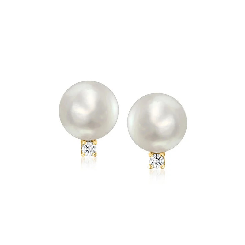 C. 1990 Vintage 13mm Cultured Pearl and .25 ct. t.w. Diamond Earrings in 14kt Yellow Gold | Ross-Simons