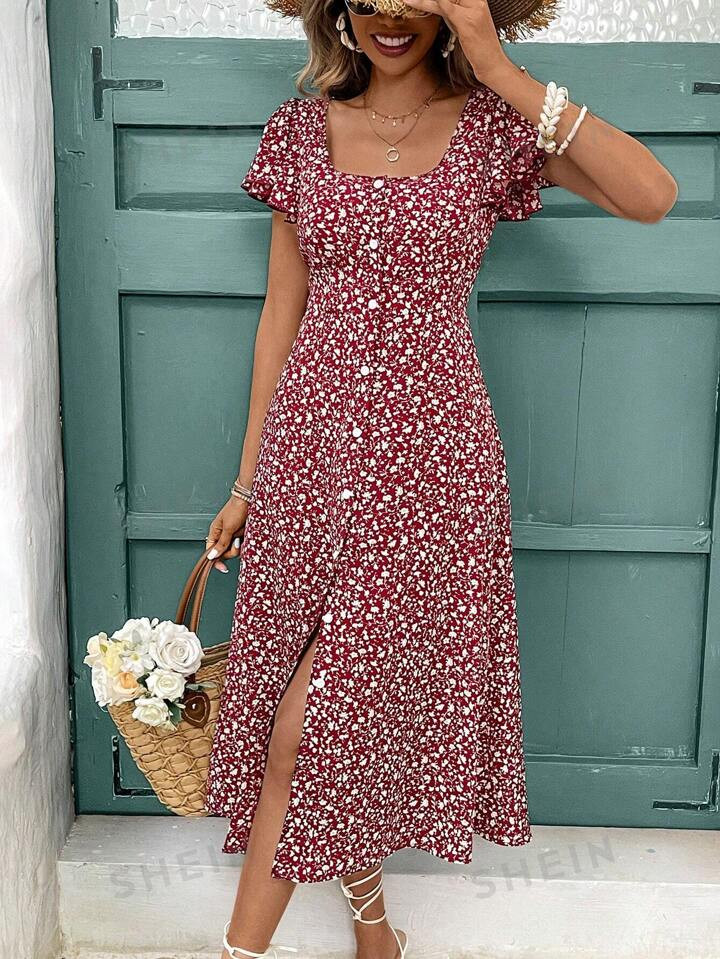 SHEIN Frenchy Women Vacation Small Floral Front Button Short Sleeve Dress, Summer Long Sundress, ... | SHEIN