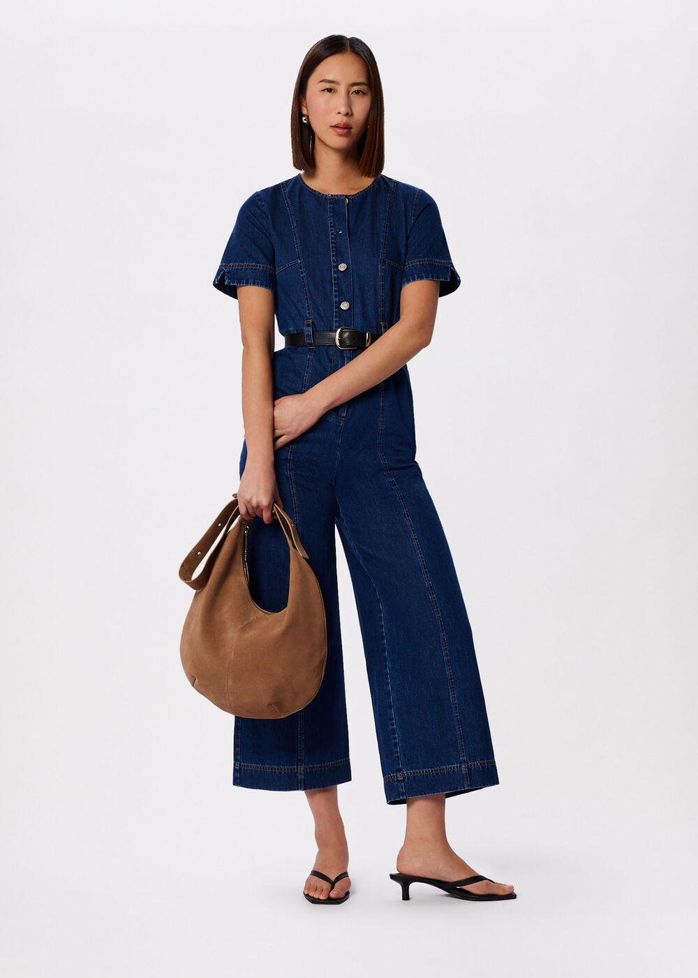 Denim Petite Button Down Jumpsuit | WHISTLES | Whistles UK | | Whistles