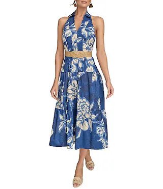 Donna Karan V-Neck Belted A-Line Midi Dress | Dillard's | Dillard's