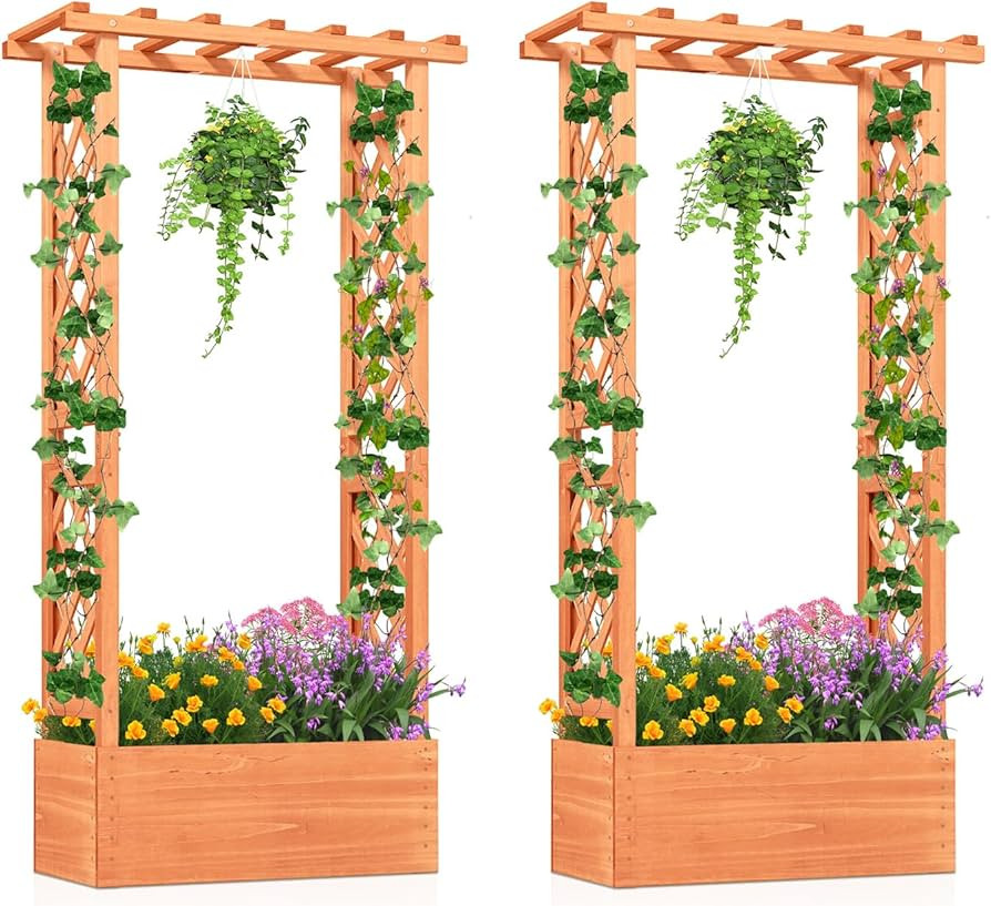 HAPPYGRILL Raised Garden Bed with Trellis, 2 Pack Wood Elevated Garden Bed with Hanging Roof, Pla... | Amazon (US)