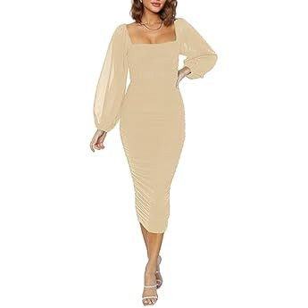MEROKEETY Women's Long Puff Sleeve Ruched Bodycon Dress Square Neck Mesh Cocktail Party Midi Dres... | Amazon (US)