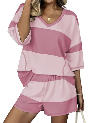 Ekouaer Two Piece Sets for Women Summer Lounge Sets 2026 Striped Shirts and Shorts Set Oversized Matching Outfit Pink Combo XL | Amazon (US)