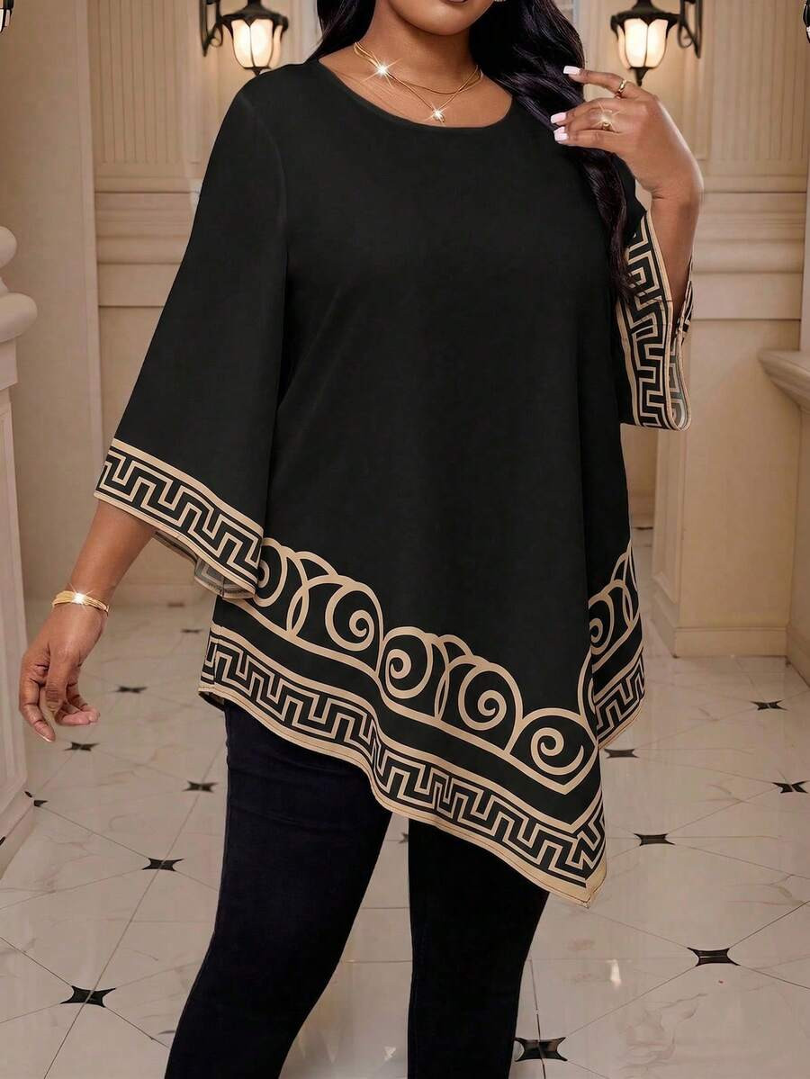 SHEIN Lady Plus Size Women Geometric Print Round Neck Casual Elegant Versatile Daily Wear Shirt O... | SHEIN