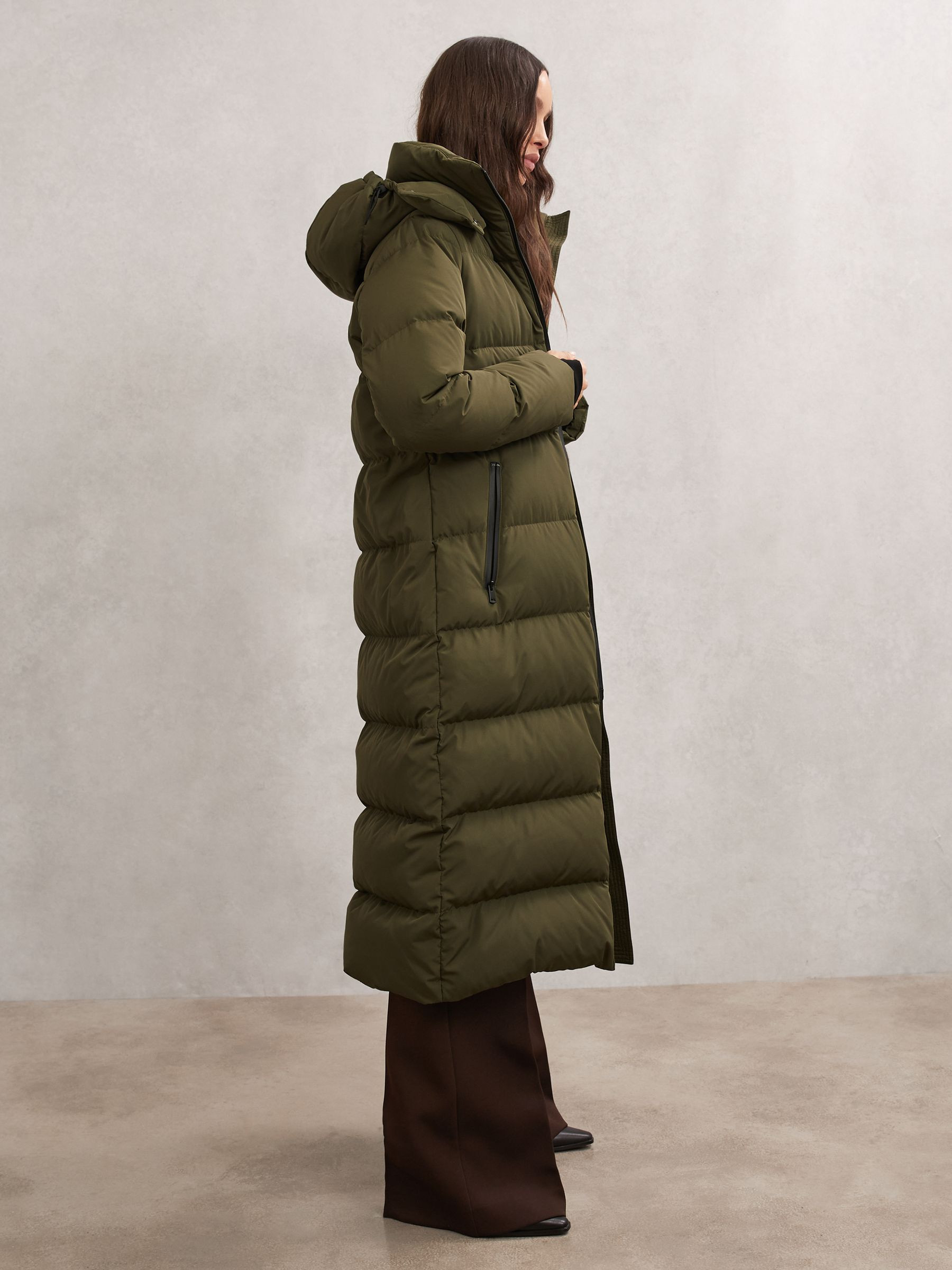 Reiss Belted Longline Hooded Puffer Coat in Khaki | REISS | Reiss US
