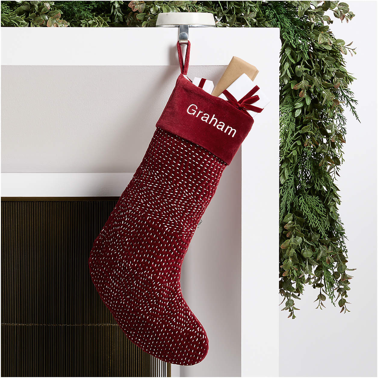 Sashiko Red Velvet Christmas Stocking + Reviews | Crate & Barrel | Crate & Barrel