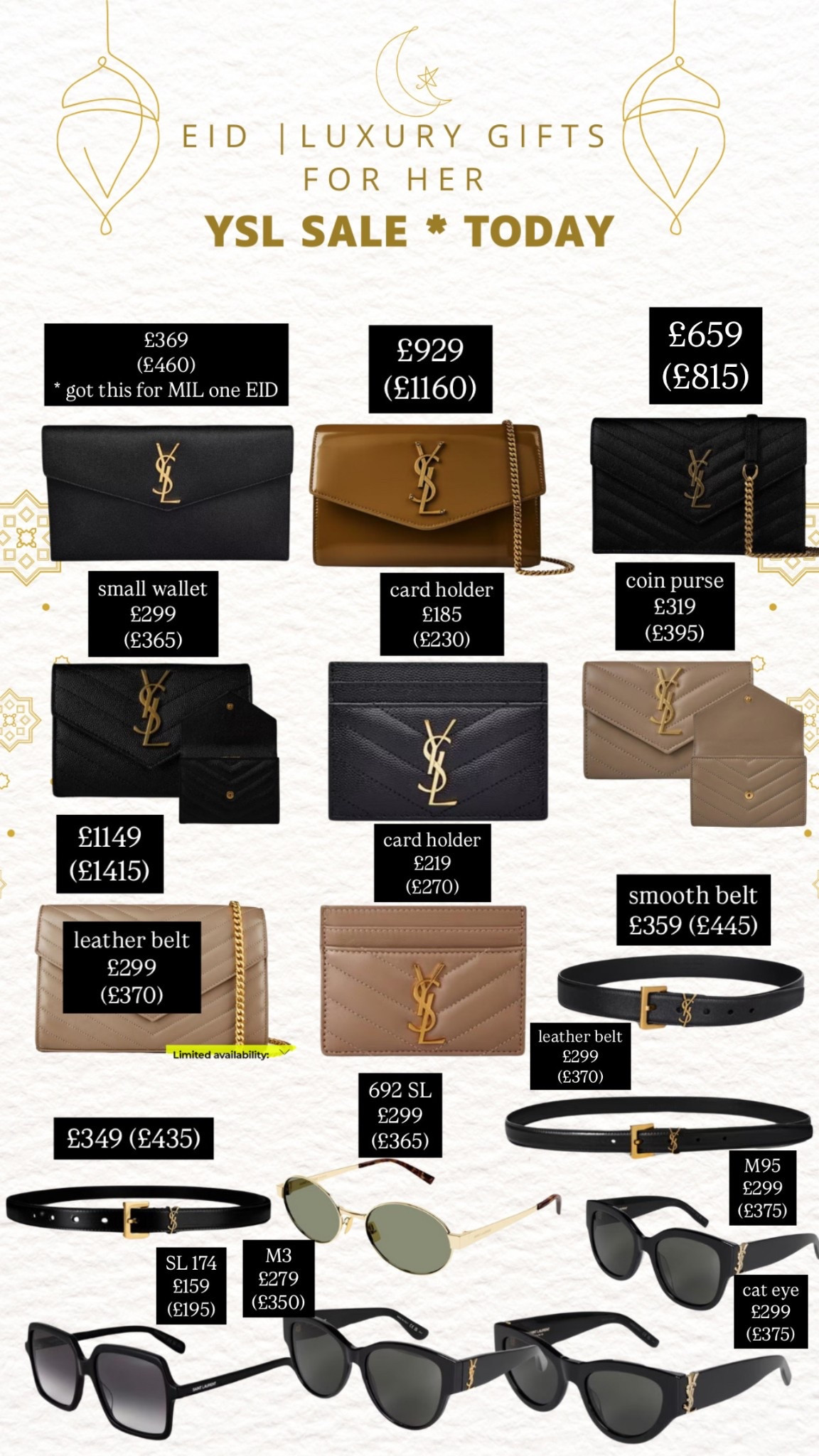 ✨ Eid Luxury Gift Guide – YSL Sale Today! ✨
The perfect time to grab a special gift for yourself or a loved one! From classic wallets, belts, sunglasses, and handbags, these timeless YSL pieces are on sale now. Limited availability, so shop fast!




#EidGifts #LTKSale #YSLHandbags #LuxuryOnSale #DesignerDeals #LTKLuxury #EidOutfits #YSLAddict #LTKEid #LTKFinds #LTKBag



#LTKluxury #LTKsale #LTKgiftguide