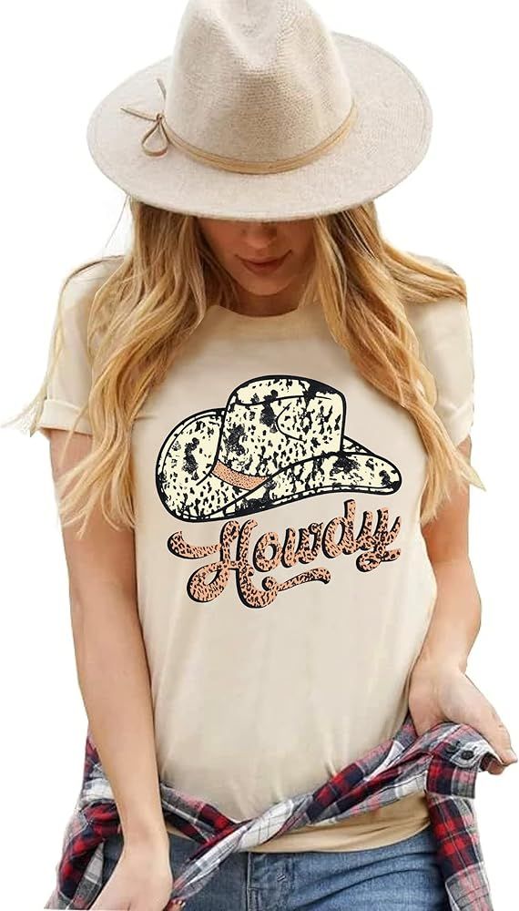 Western Howdy Hat T-Shirt Cowgirl Country Music Vintage Graphic Rodeo Cowboy Women Casual Summer ... | Amazon (US)