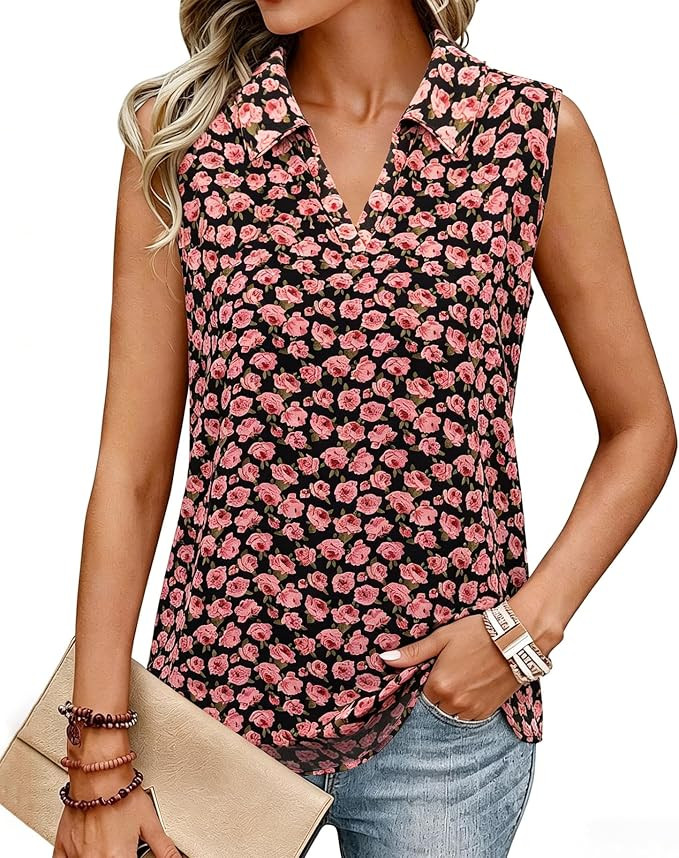 Womens Chiffon Tank Top Collared V Neck Blouses Non See Through Summer Sleeveless Double Layer Wo... | Amazon (US)