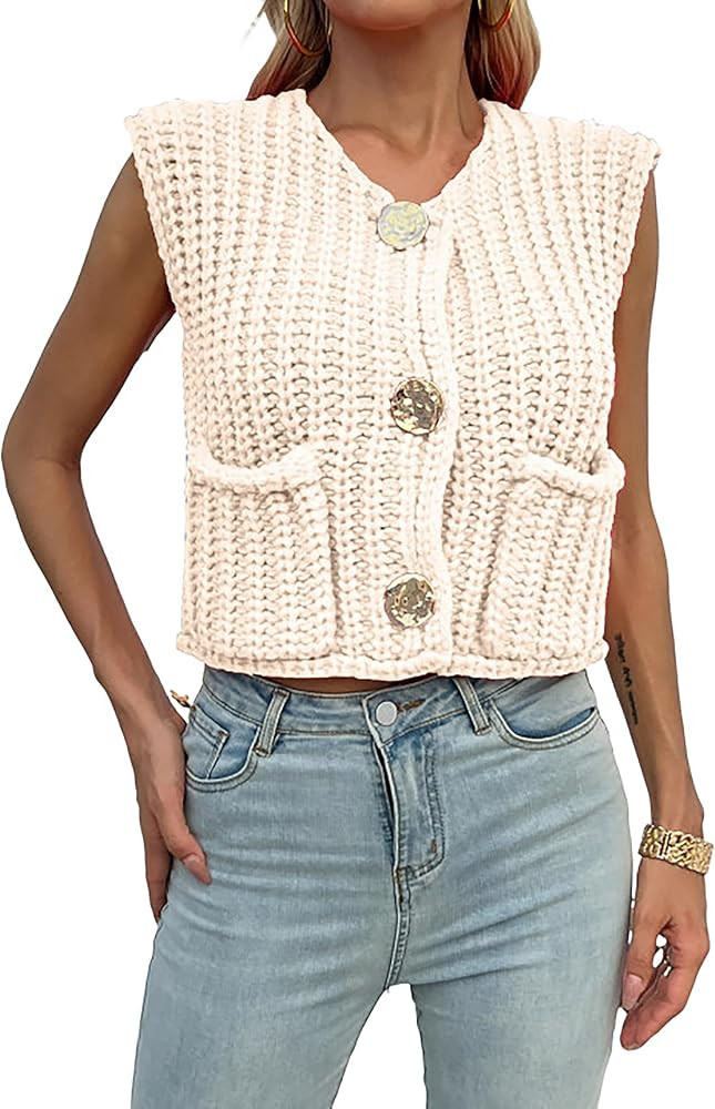 Womens Sleeveless Chunky Crop Knit Cardigan Button Down Cropped Knitted Sweater Vest Casual Open ... | Amazon (US)