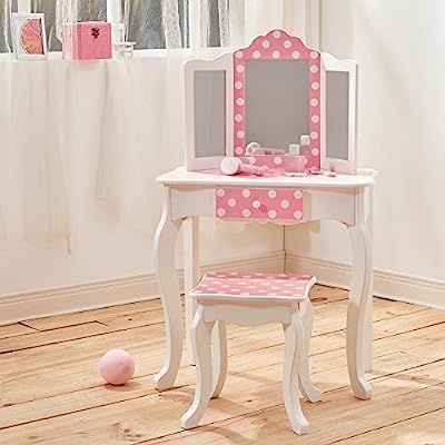 Teamson Kids TD-11670F Fashion Prints Wooden Vanity Table and Stool Set, Pink/Polka Dot, Pink/Whi... | Amazon (US)