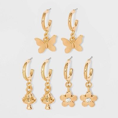 Butterfly Mushroom and Flower Charm Hoop Earring Set 3pc - Wild Fable™ Gold | Target