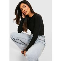 boohoo Women's Double Layer Slinky Long Sleeve Crew Neck Bodysuit in Black | Size: 2 | Knitted | boohoo (US & Canada)