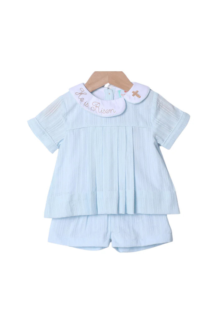 He Is Risen Blue Linen Short Set | The Smocked Flamingo