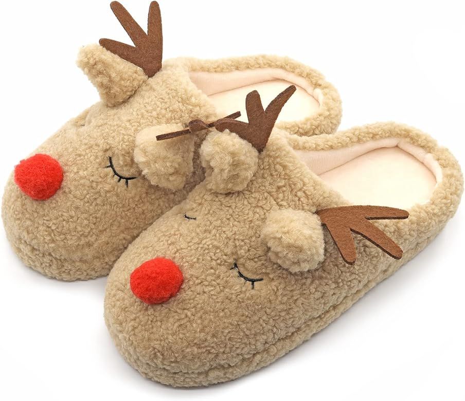 Skywheel Adults Reindeer Slippers for Womens Size 6-11 Christmas House Indoor Bedroom Furry Durab... | Amazon (US)