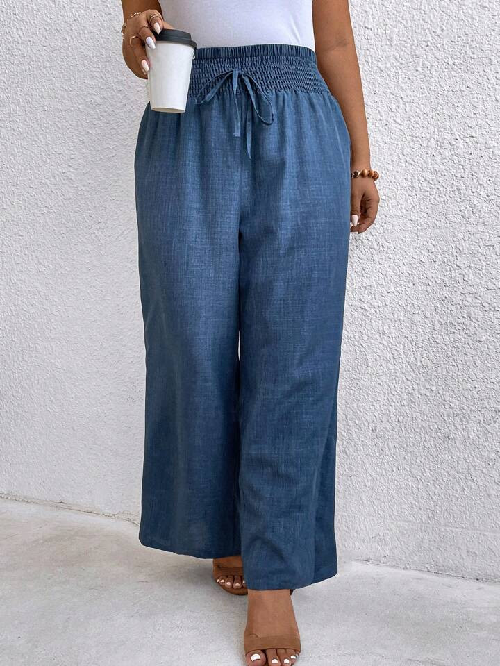 Plus Size Solid Color Drawstring Waist Casual Pants | SHEIN