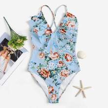 Random Floral Ruffle Crisscross One Piece Swimwear | SHEIN