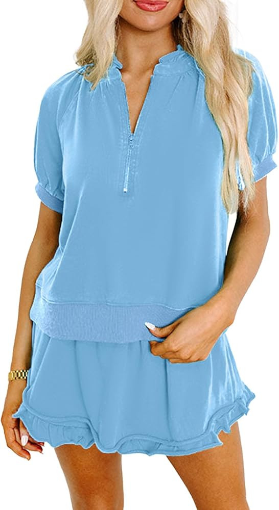 KevaMolly Women's 2 Piece Lounge Sets Casual Short Sleeve Outfits Half Zip Puff Sleeve Top and Ru... | Amazon (US)