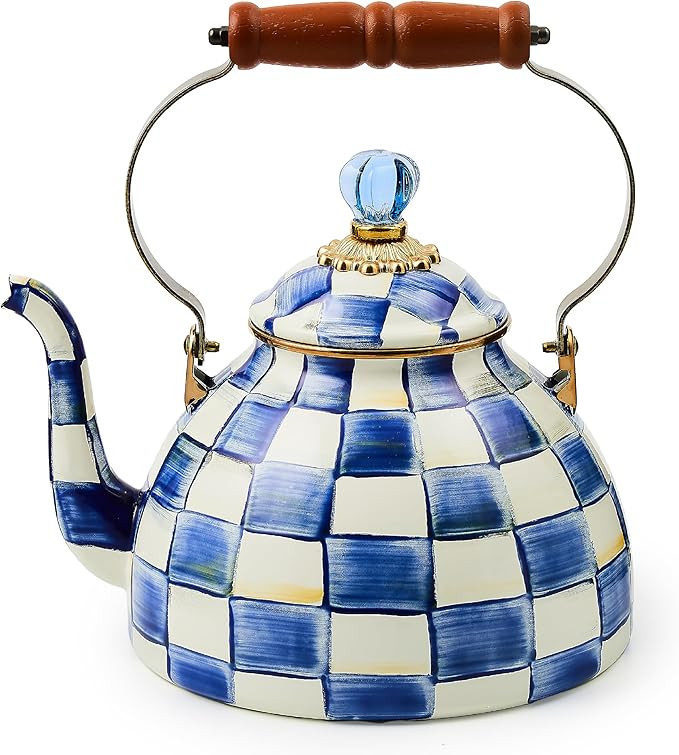 MACKENZIE-CHILDS Enamel Tea Kettle, Stylish Tea Kettle for Stovetop, Blue-and-White Royal Check, ... | Amazon (US)