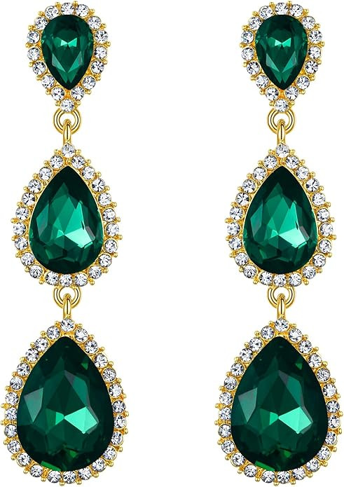 EleQueen Women's Gold-tone Austrian Crystal Teardrop Pear Shape 2.5 Inch Long Earrings Emerald Co... | Amazon (US)
