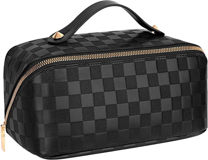 Large Capacity Travel Cosmetic Bag - Portable Makeup Bags for Women Waterproof PU Leather Checker... | Amazon (US)