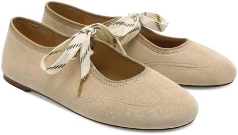 Lace up Round Toe Ballet Flats for Women Cute Slip on Soft Mary Jane Flats Casual Ballerina Shoes | Amazon (US)