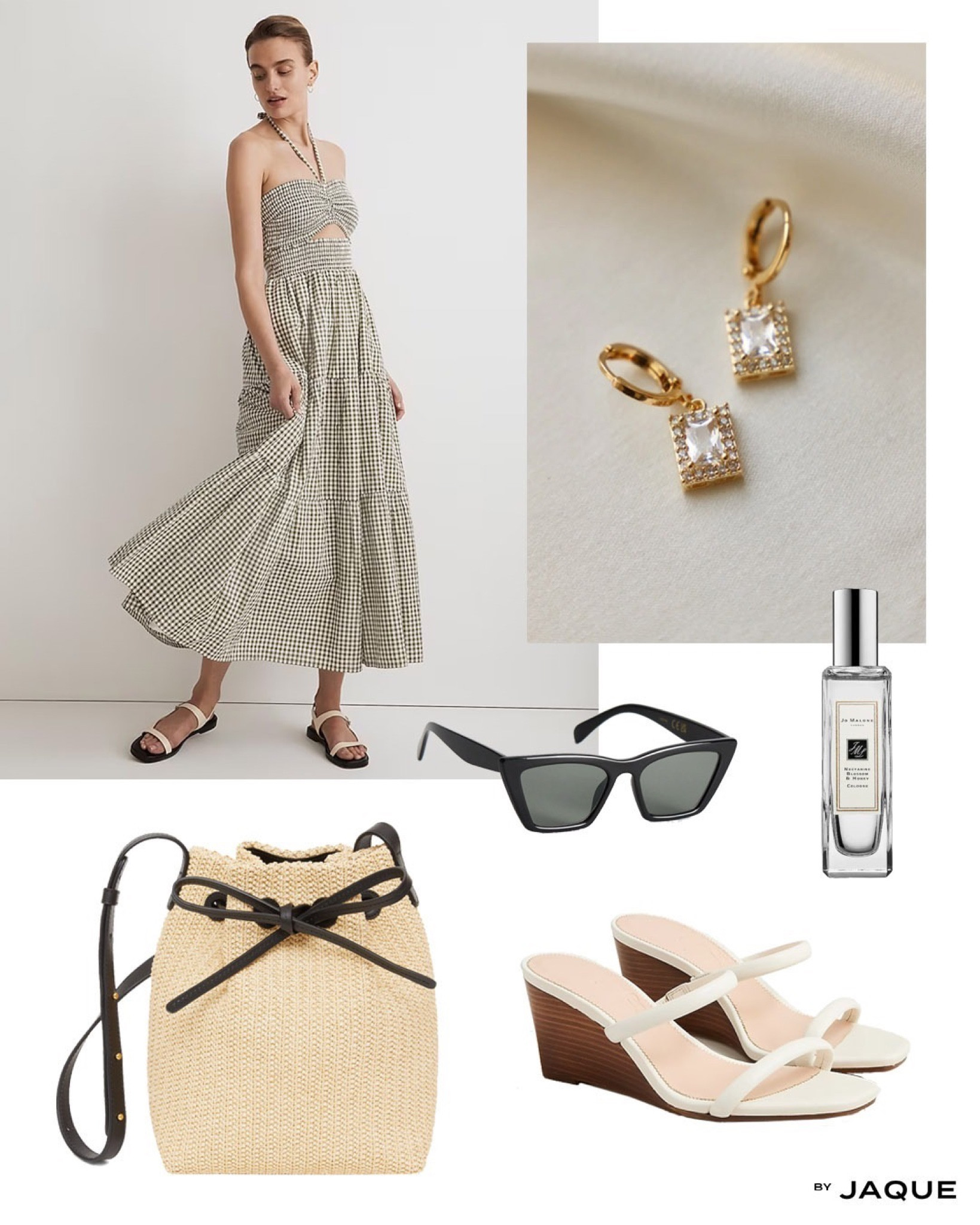 Summer spring outfit inspiration // jute rattan purse bucket bag. Shine earrings huggie jewelry . Jo Malone perfume. Fresh. Madewell Vichy plaid modular halter dress skirt top. Black and white. Cat eye Sunglasses. J crew striped sandals.

#LTKstyletip #LTKSeasonal