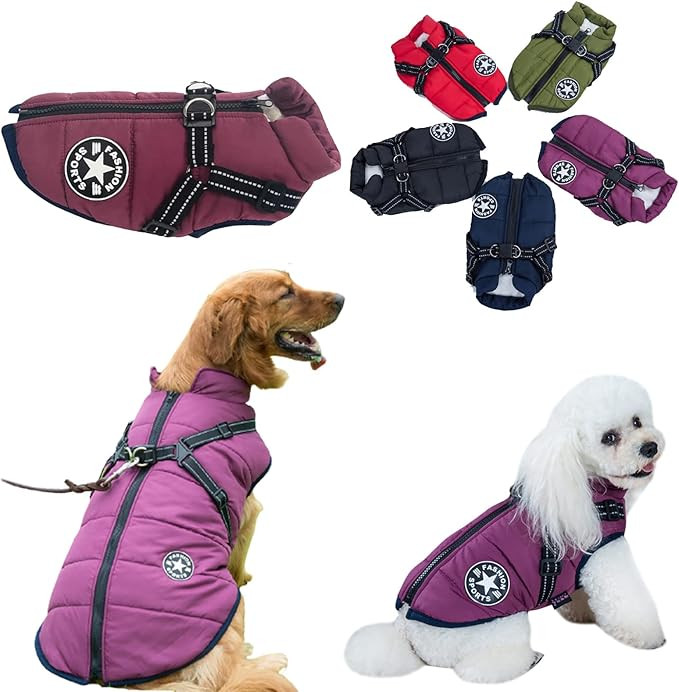 Komate Waterproof Dog Coat Jacket With Harness Fleece Winter Puppy Coat Vest Reflective Warm Pet ... | Amazon (UK)