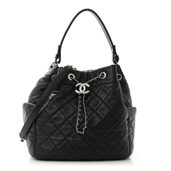 Lambskin Quilted CC Chain Bucket Drawstring Bag Black | FASHIONPHILE (US)