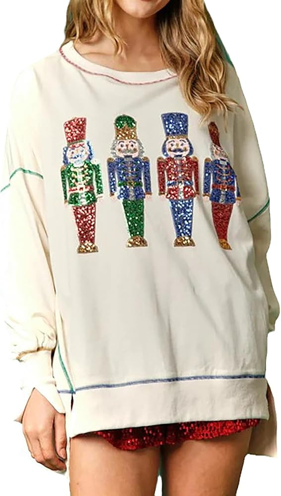 Glkaend Women's Cute Santa Christmas Sweatshirts Funny Graphic Lightweight Sequin Long Sleeve Pul... | Amazon (US)